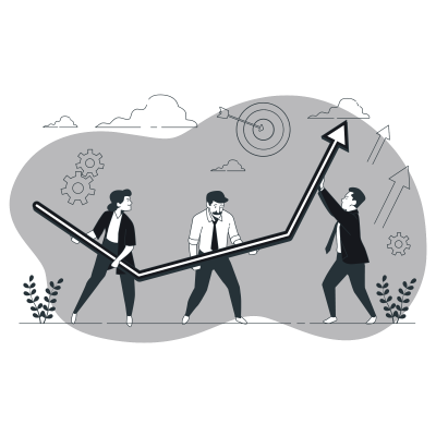 Ilustração de três pessoas apoiando uma seta para cima indicando resultados obtidos de forma conjunta